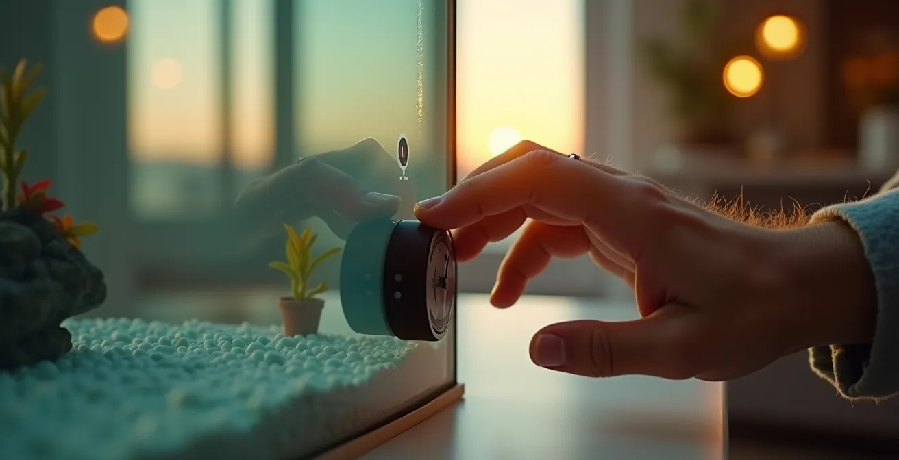 Vue d'ensemble d'un aquarium épuré avec équipements discrets intégrés