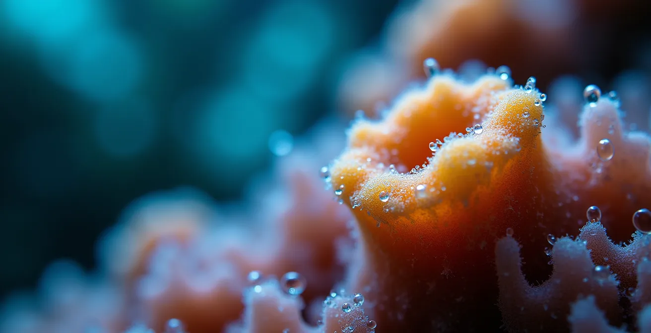 Détail macro d'une mousse de filtration biologique mature avec biofilm visible
